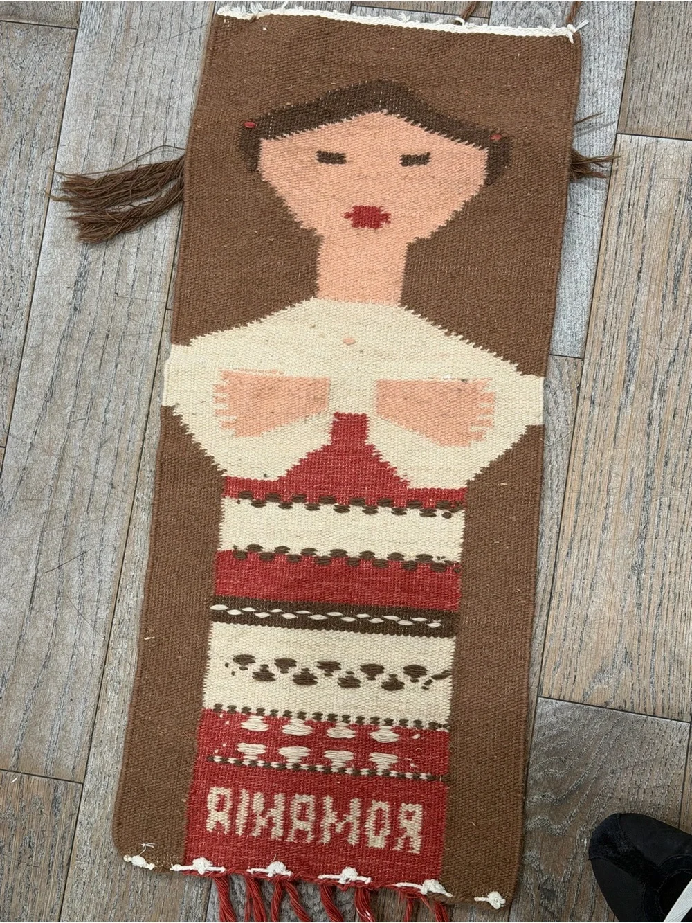 Vintage Romanian Folk Art Woven Wool Wall Hanging Tapestry MCM Kilim Girl 70s